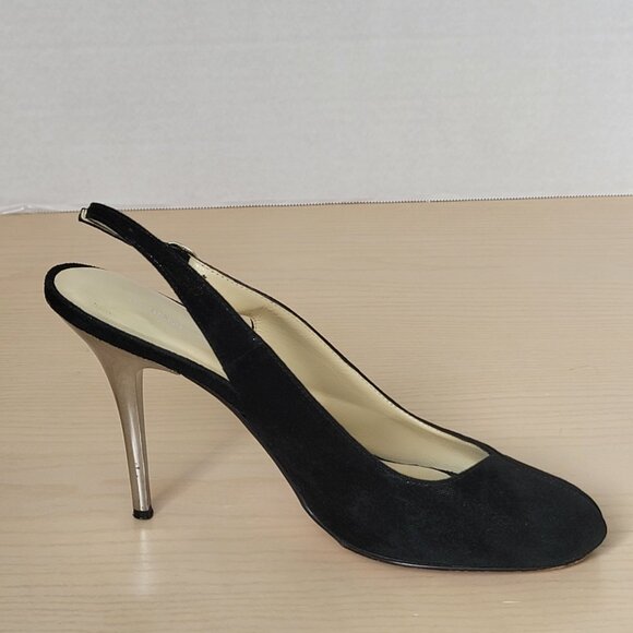 BCBGMAXAZRIA Kelly Black Metallic Leather Peep Toe Heels Size EU 39/US 8.5 - Picture 9 of 16